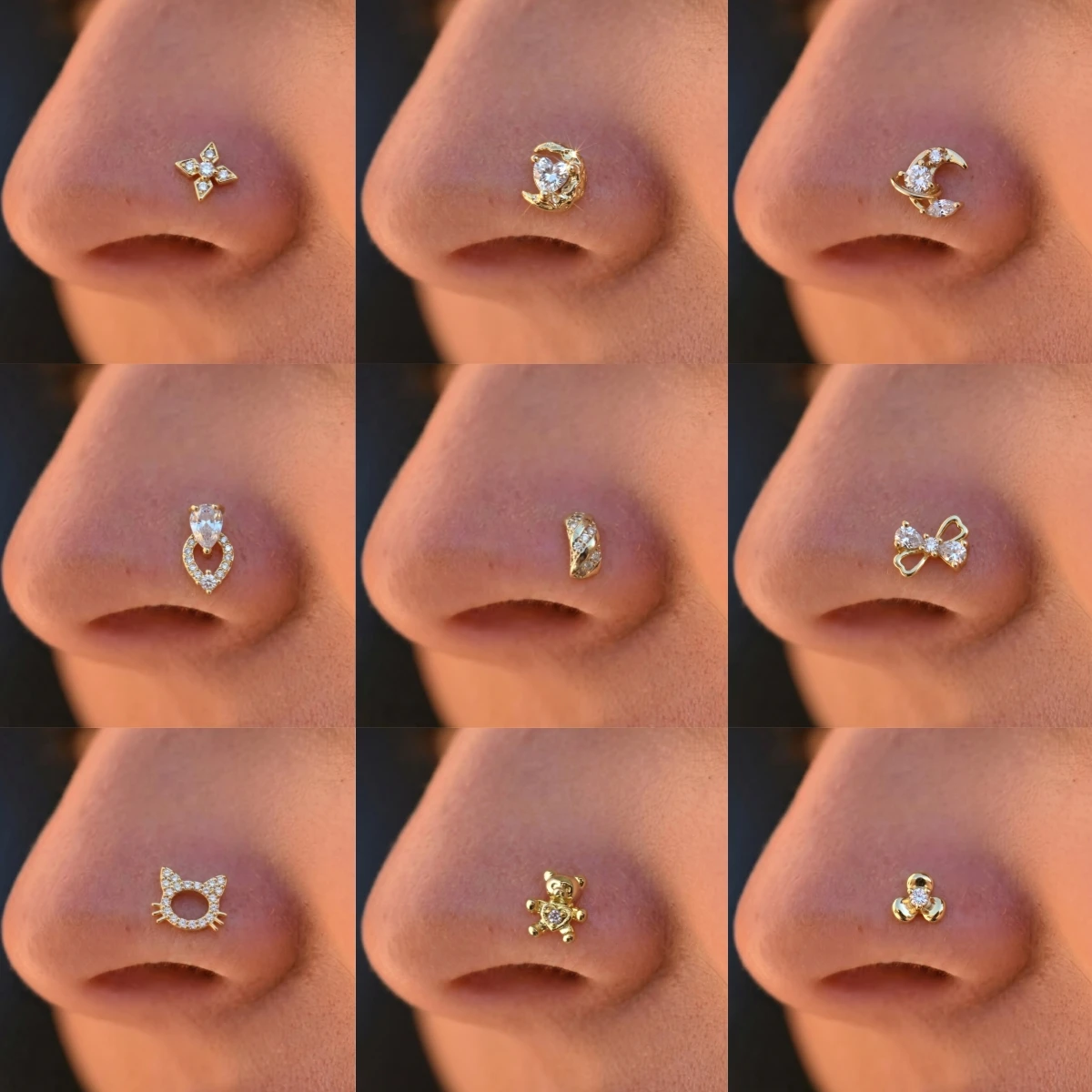1-piece set Y2K light luxury gold perforated nose nail for women, L-shaped nose ring, sweet and cool, spicy girl outfit