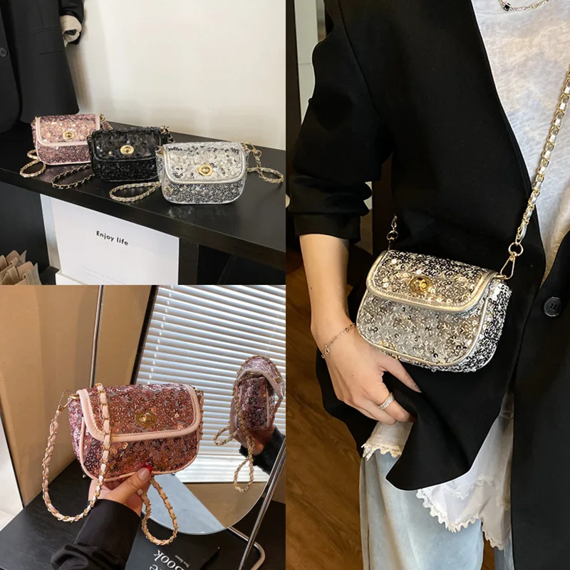 Handmade Sequin Crossbody Bag for Children Fashionable Mini Mouth Red Envelope Ladies Party Chain Bag