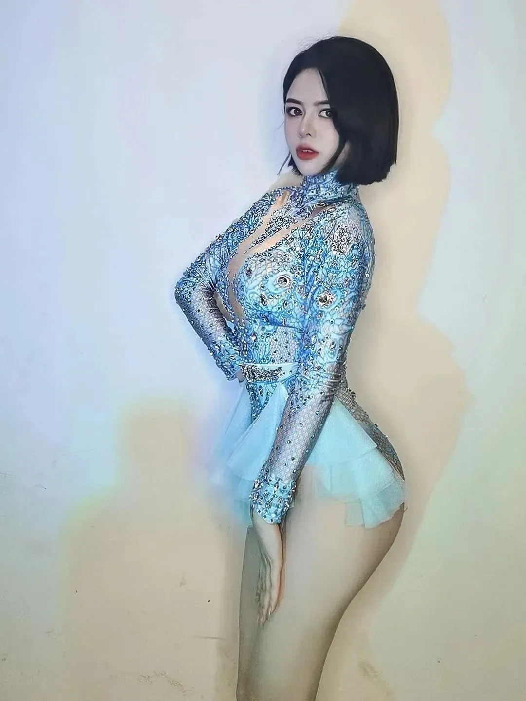 Damskie body z niebieskimi, błyszczącymi dżetami, długie rękawy, seksowna gaza, na imprezy w klubach nocnych, studniówki, do tańca na rurze, dla DJ-ów, na scenę, kostiumy dla drag queen.