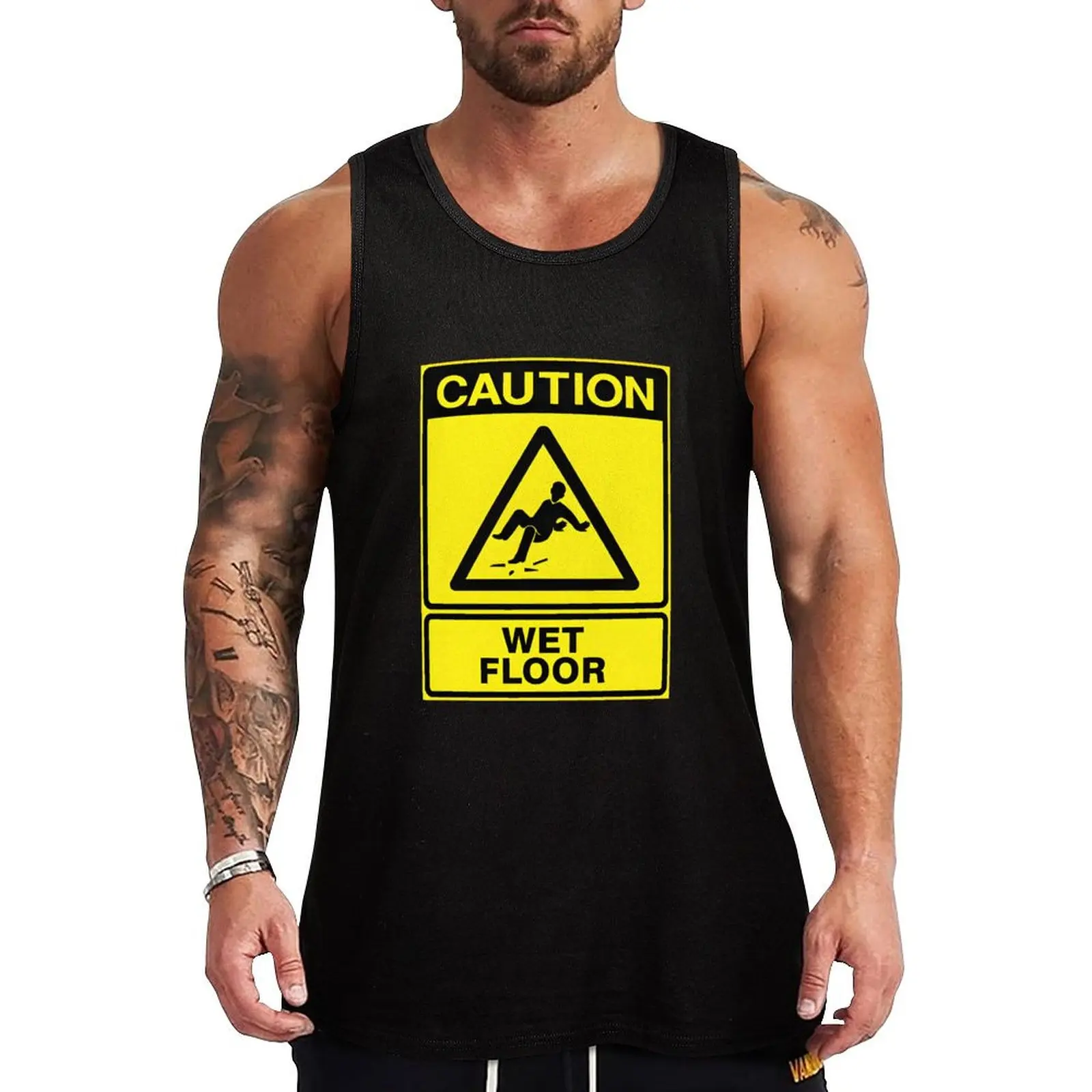 Camiseta sin mangas con estampado de letrero de precaución de suelo mojado, camiseta sin mangas informal con estampado gráfico
