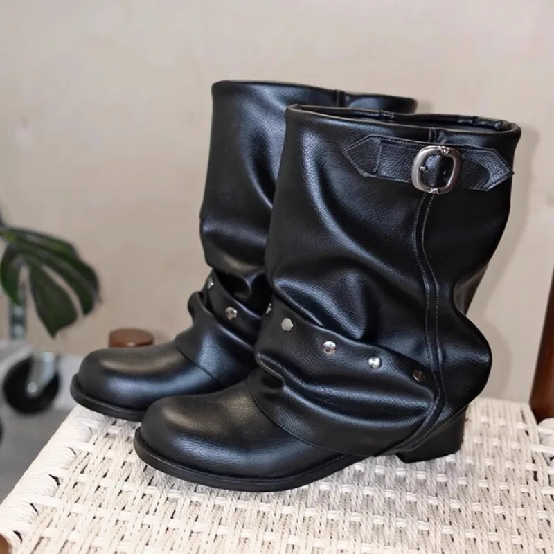 

Retro Rivet Punk Style Women Motorcycle Boots Thick Heels 2025 Autumn Female Cool Shoes Black Western Cowgirl Knight Booties
