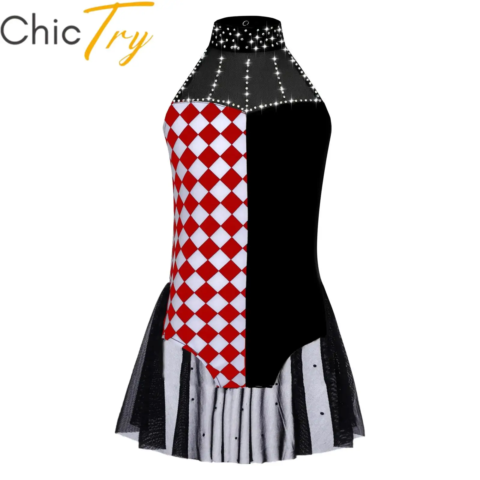 

Kids Girls Clown Circus Ringmaster Costume Halloween Cosplay Skirted Leotard Color Block Halter Sleeveless Backless Jumpsuit