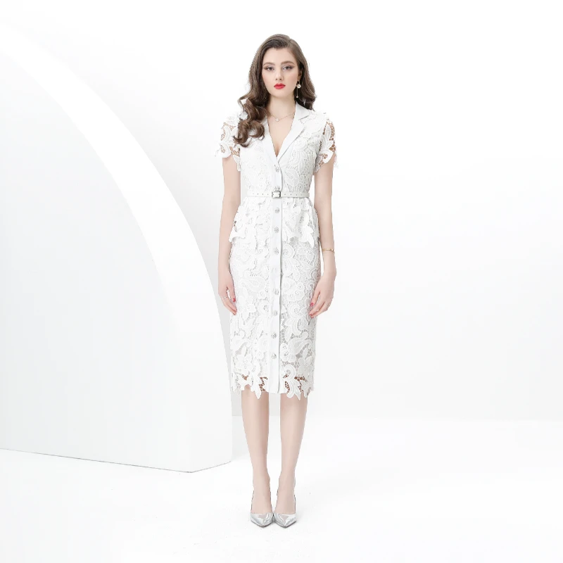 

2025 spring/summer suit collar short sleeved single breasted lace waist wrapped mid length dress dresses for women