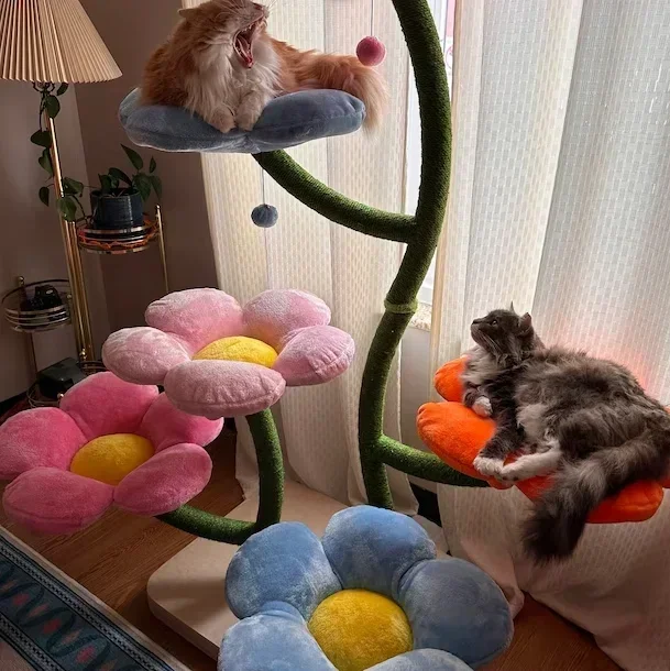 Colorful Wood Cat Tree Tower Climbing Flower Condo with Premium Plush and Sisal Posts Cat Furniture Interactive Toy