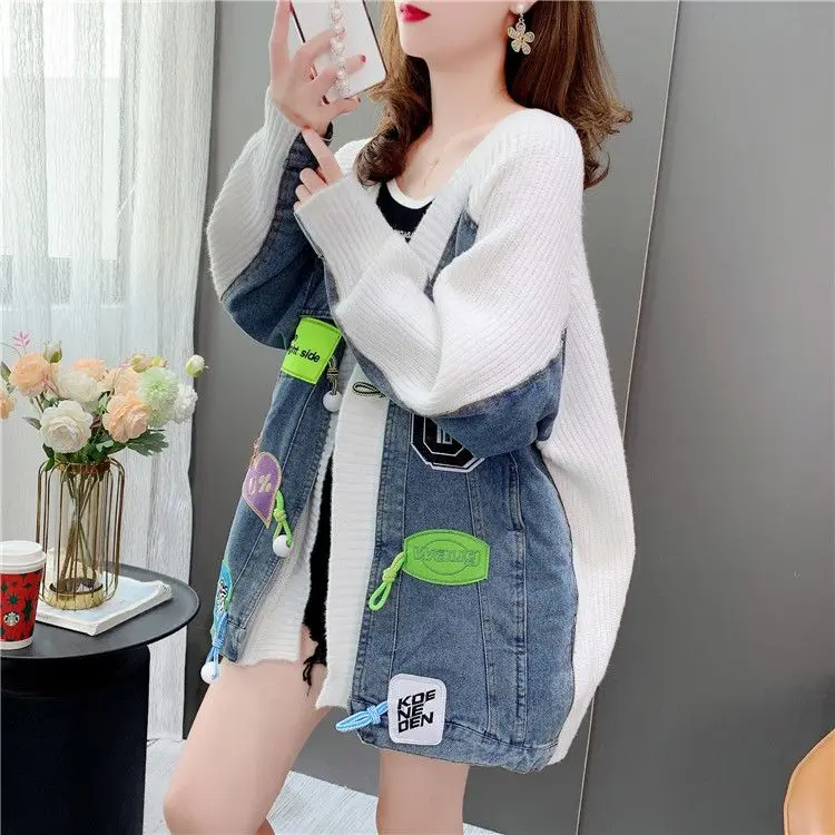 

Cardigan Women Sweaters Knitted Mid Length Coats Full Sleeve Y2k Streetwear Elegant Splice Denim Open Stith 2025 Autumn Winter