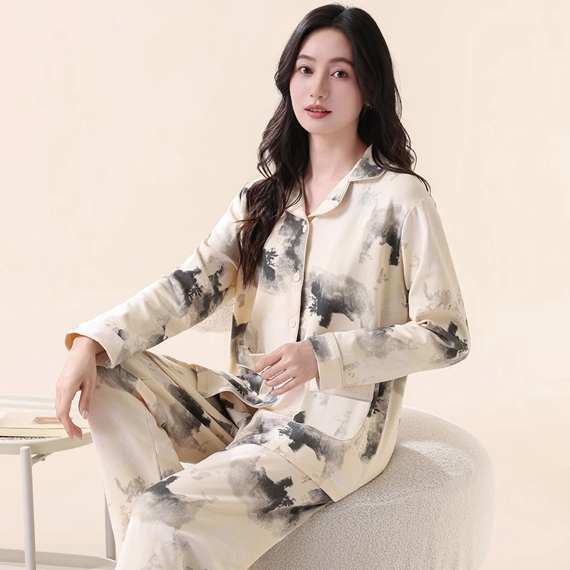 Women Full Pure Cotton Nightwear Suit Spring Autumn Long Sleeve Lapel Pajamas Casual Cardigan Homewear Florals Patterns Pijamas