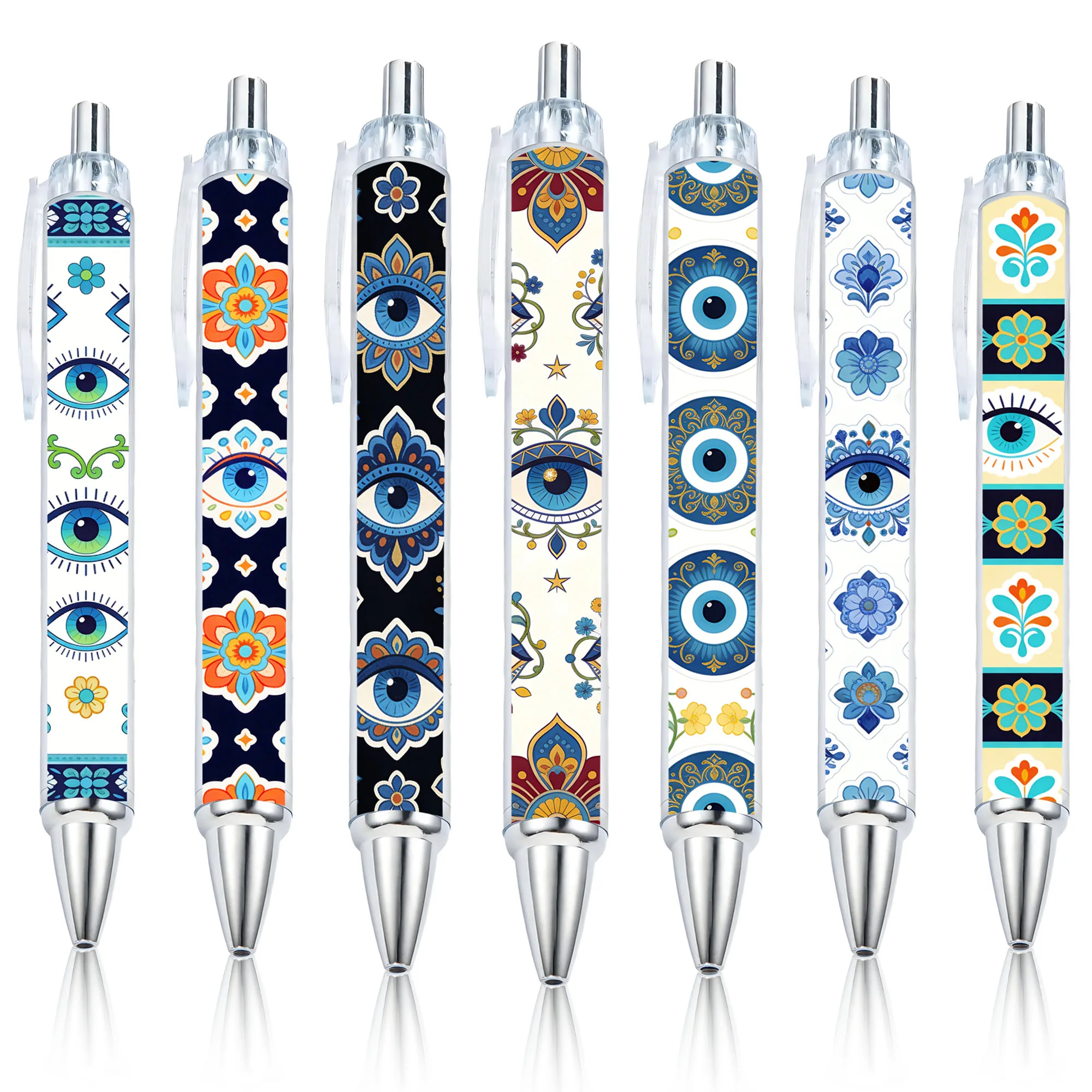 

7pcs Türkiye Blue Eyes and Bohemian Floral Pattern Theme Press Ballpoint Pen Student Stationery Pen
