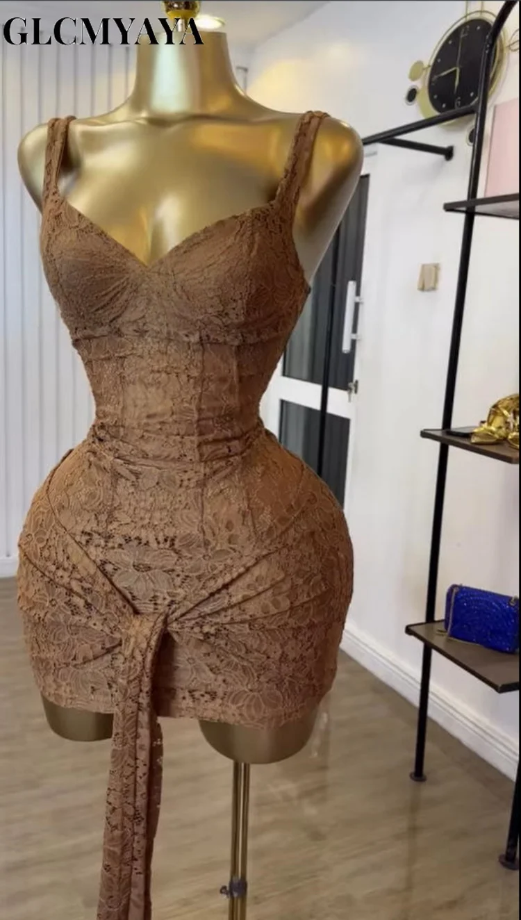 GLCMYAYA الشارع المرأة الدانتيل Bowknot الجبهة الخامس الرقبة أكمام Bodycon ميدي فستان قصير 2025 عطلة الخريف مثير حتى فساتين Vestidos