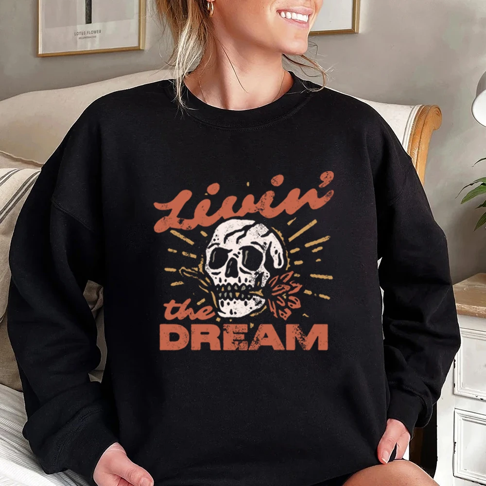 

Толстовка Livin The Dream, винтажная толстовка с черепом, свитер в стиле ретро в стиле гранж, модные толстовки с длинными рукавами в стиле гранж, инди-бохо с графикой