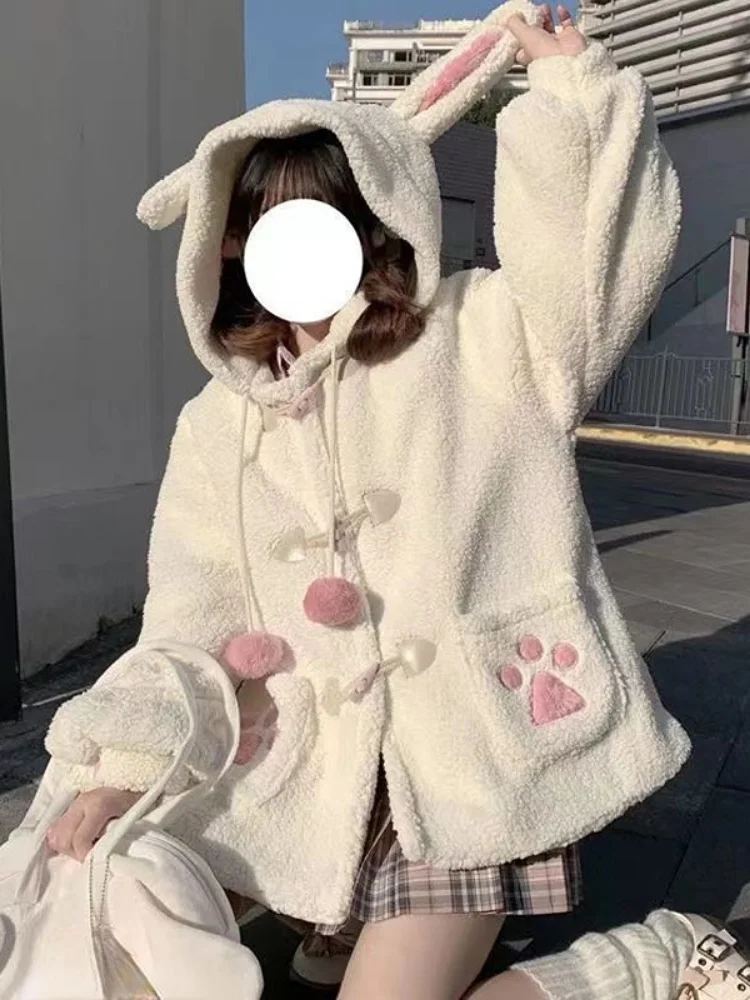 KOSAHIKI Japanese Style Autumn Winter Women Sweet Lamb Wool Jacket Kawaii Soft Bear Ears Hooded Coats Girls New Cute Outwear