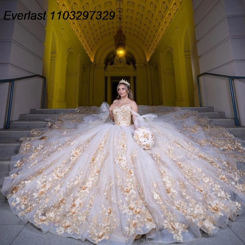 EVLAST Sparkly Ivory Quinceanera Dress Ball Gown 3D Gold Flowers Applique Beading Mexico Sweet 16 Vestidos De XV 15 Anos TQD723