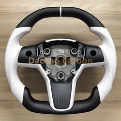 White Leather Real Carbon Fiber Steering Wheel For Tesla Model 3 Model Y 2016-2024 High Quality Custom Style