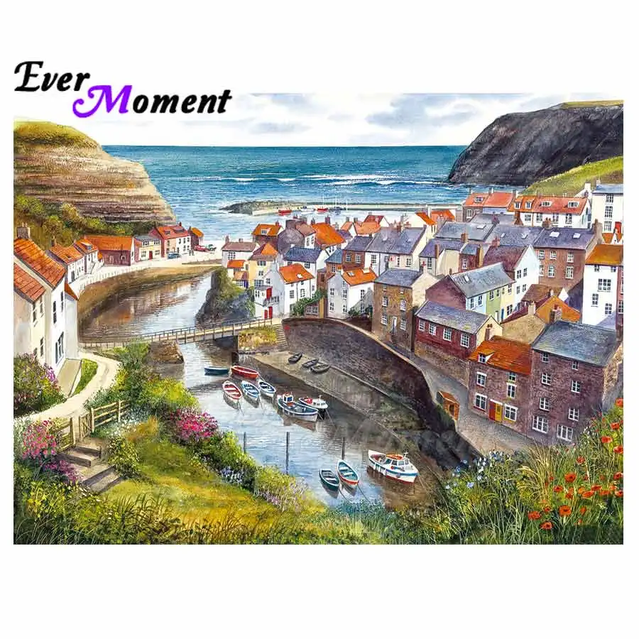 Ever Moment Diamond Painting Full Square Drill House River Boat 5D DIY Picture Mosaic Diamond Embroidery Rhinestone ASF1347