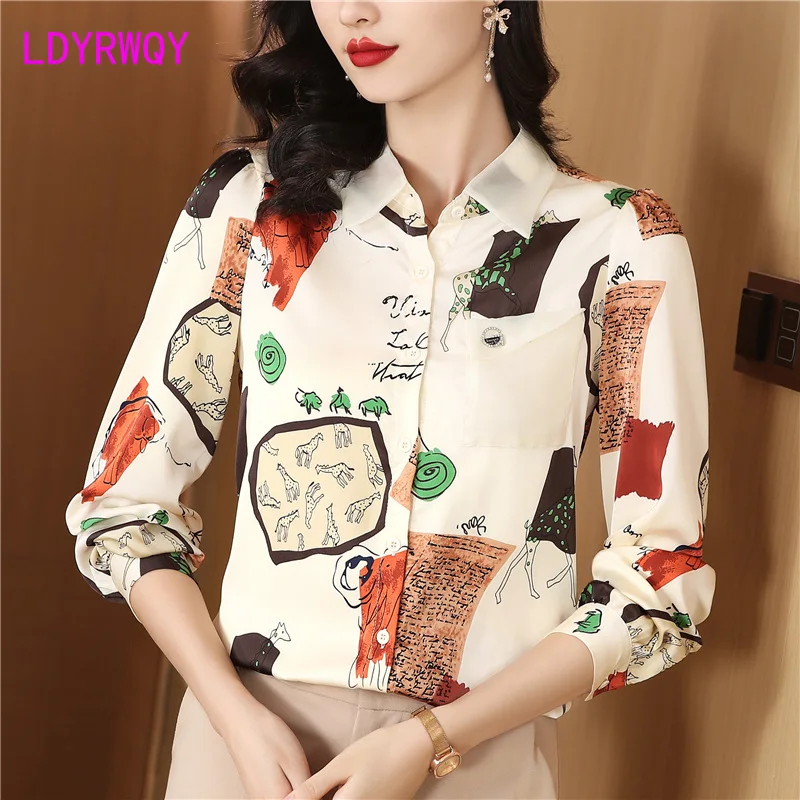 

Silk Long sleeved Shirt Women's Autumn 2024 New Printed Mulberry Silk Top