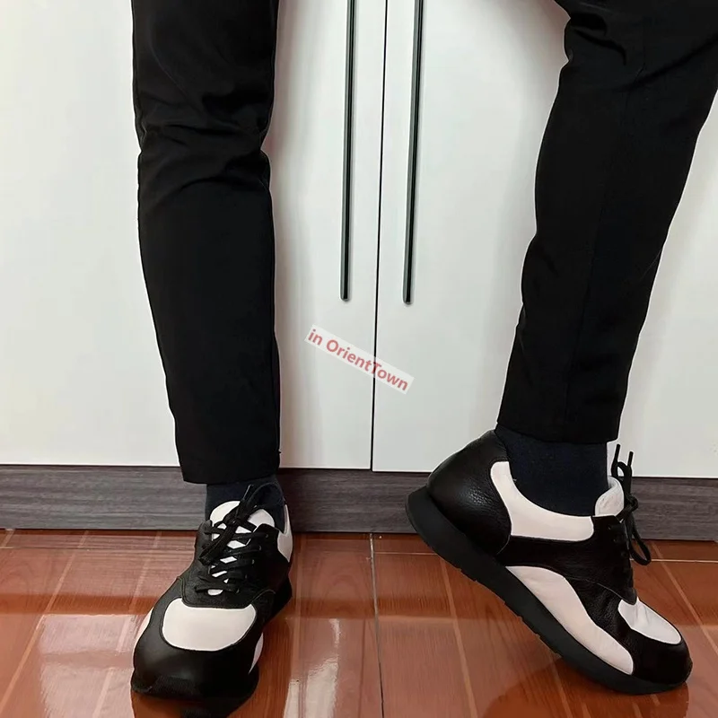 Genuine Leather Men Trendy Sports Sneaker Black and White Color Matching Lightweight Shoes Anti Slip European Hip Hop Shoe OA022