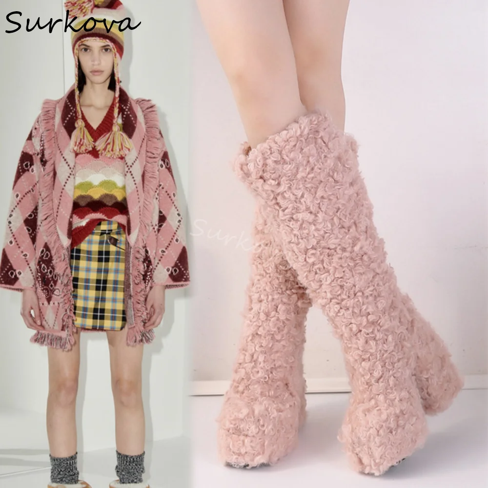 Warm Lamb Wool Knee High Boots Women Chunky Heels Round Toe Platform Solid Slip On Long Boots 2024 Fashion Cute Catwalk Shoes