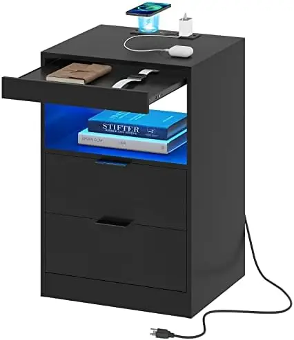 

Black Nightstand with LED Lights and Charging Station, LED Bedside Table with Open , 2 Drawers, 1 Pull-Out Tray, End Table.