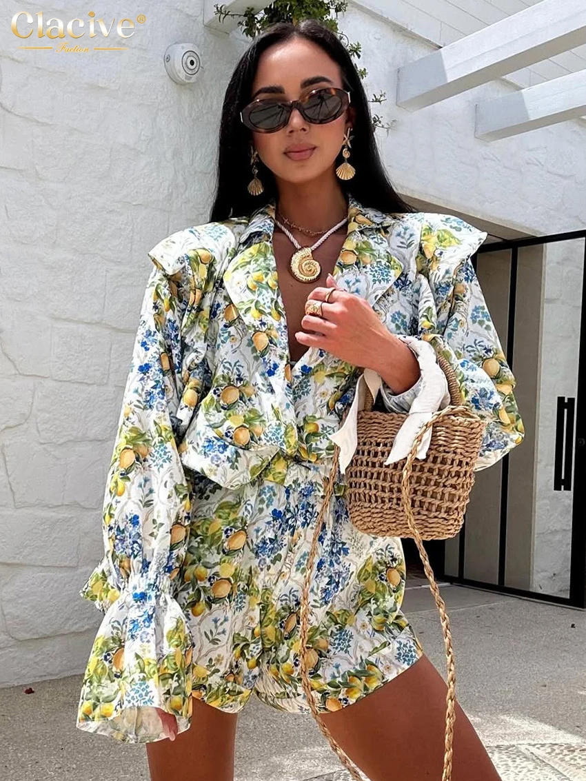 Clacive Fashion Loose Print 2 Piece Sets Woman Outfit 2025 Elegant Long Sleeve Shirt With High Waist Short Set Female Streetwear