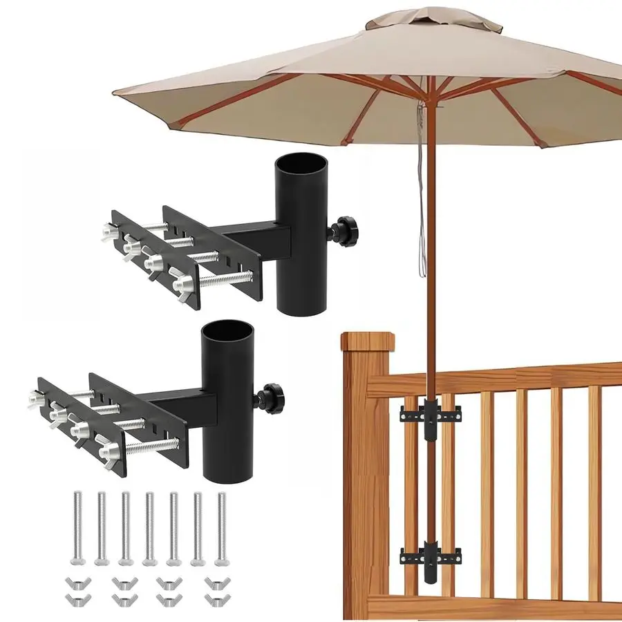 

Adjustable Patio Umbrella Stand, Black, Durable Metal Umbrella Holder for Deck Railing, Fits Most Umbrella Poles
