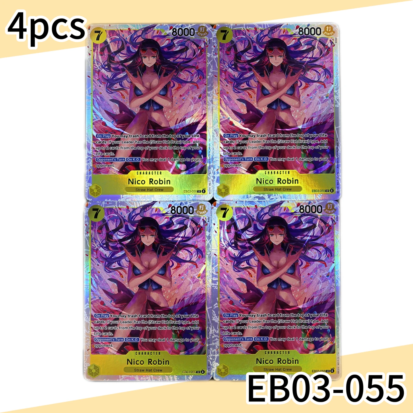 

Набор из 4 карт EB03-055-Robin SR One Piece TCG OPCG, английская версия, 7-й уровень, Желтый Робин, текстурированная фольга, тисненая карта, коллекционные аниме-карты