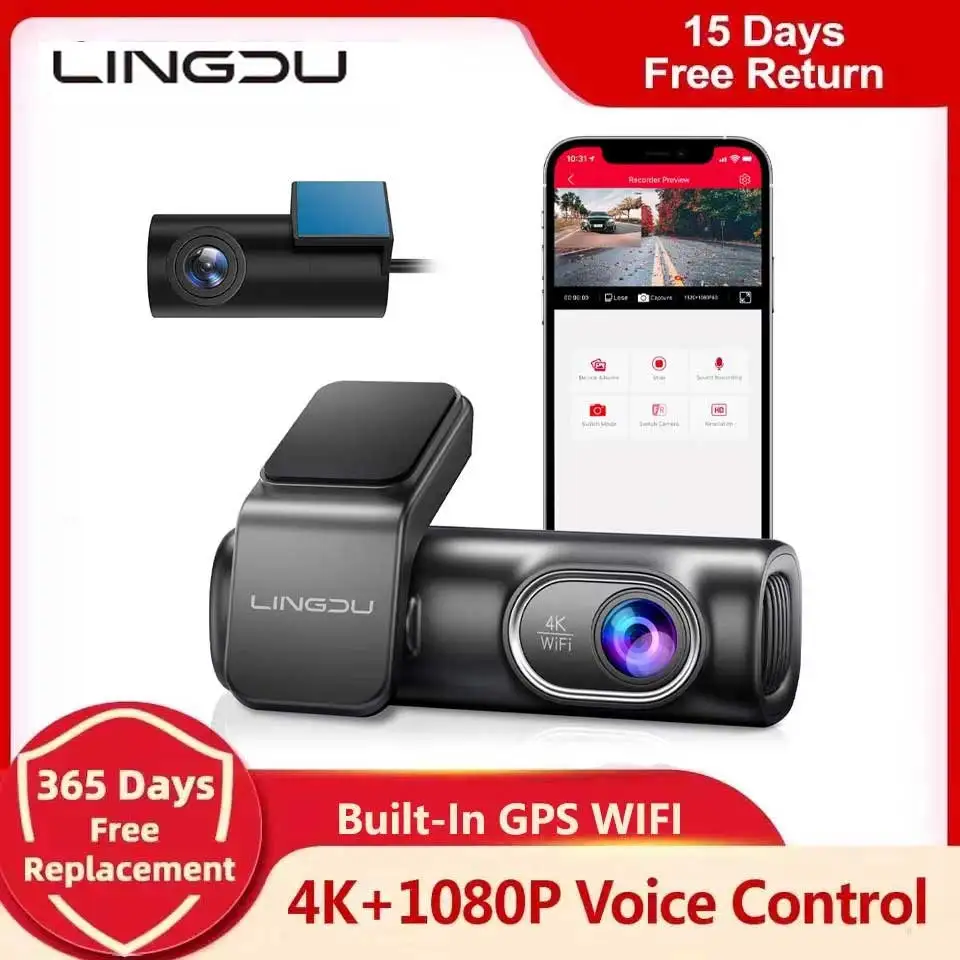 

LINGDU Dash Cam for Cars 4K 2160P UHD Car DVR Dual lens Camera Built in GPS WIFI Voice Control 24H Parking Monitor Night Vision