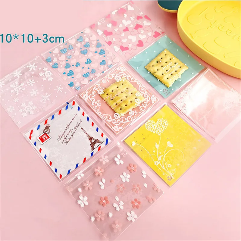 100Pcs 10x10cm Flower Printed Plastic Self-adhesive Bags Cookie Biscuits Snack Wedding Party Gift Packaging Supplies