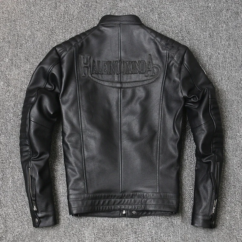 Veste de moto en cuir de vachette véritable pour hommes, vestes de motard de style mince, manteau de printemps