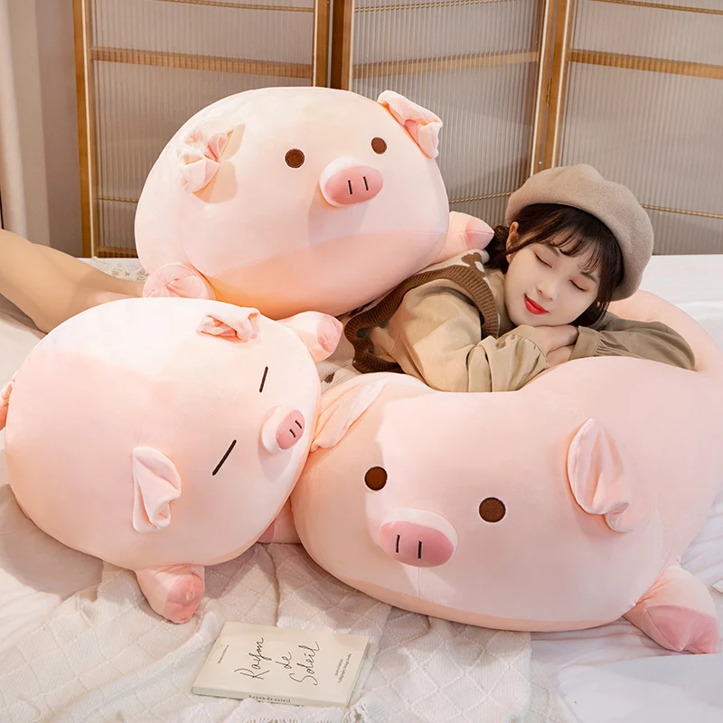 Squishy Pink Fatty Piggy Pig Doll Plush Toy Down Cotton Stuffed Eyes Closed/Open Cartoon Animal Lying Plushie Bolster Gift