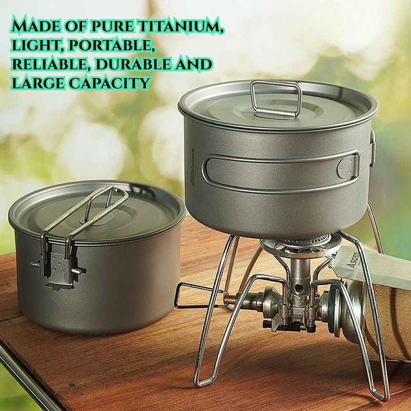 

100% Pure Titanium Camping Pot Foldable Handle Hanging Pot Ultralight Outdoor Cookware for Hiking Backpacking Picnic