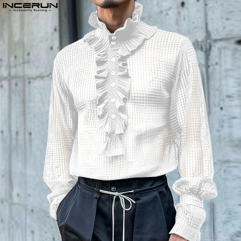 INCERUN Tops 2024 American Style New Men's Sexy See-through Mesh Ruffled Edge Shirt Male Clubwear Thin Long Sleeved Blouse S-5XL