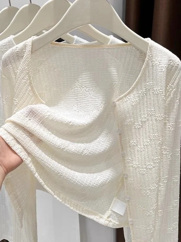 

Korean Sle Lace Trim Light Weight Summer Cardigan Outerwear Beach Cover up Skirt Women's Slim Fit Long Sve round Ne ...