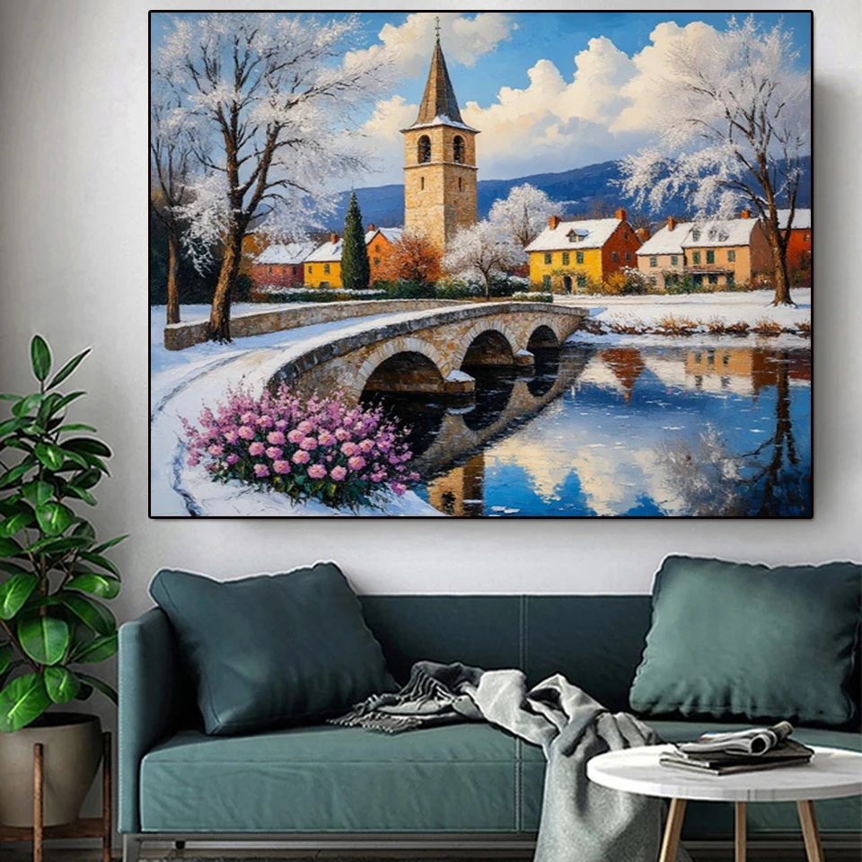 Diamond Painting Winter Bridge House Scenery Picture Of Rhinestones DIY Mosaic Cross Stitch Kits Diamond Embroidery Handicraft