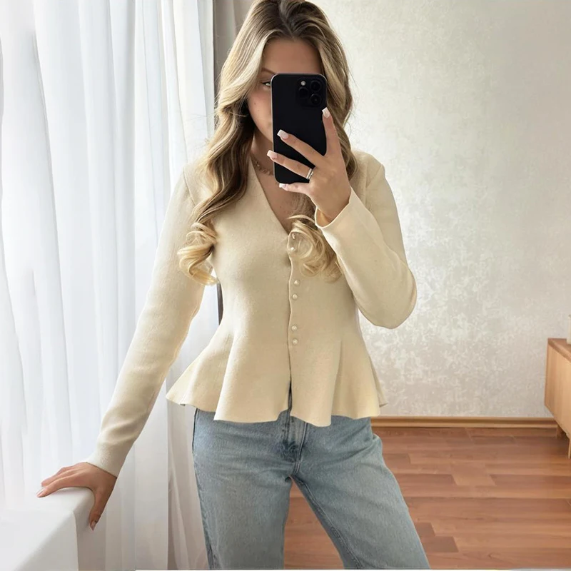 Tornova طويلة الأكمام لوتس ليف سوينغ سترة مشغولة من الصوف المرأة الصلبة الخامس الرقبة ضئيلة واحدة الصدر أنيقة متماسكة سترة معطف الإناث #1