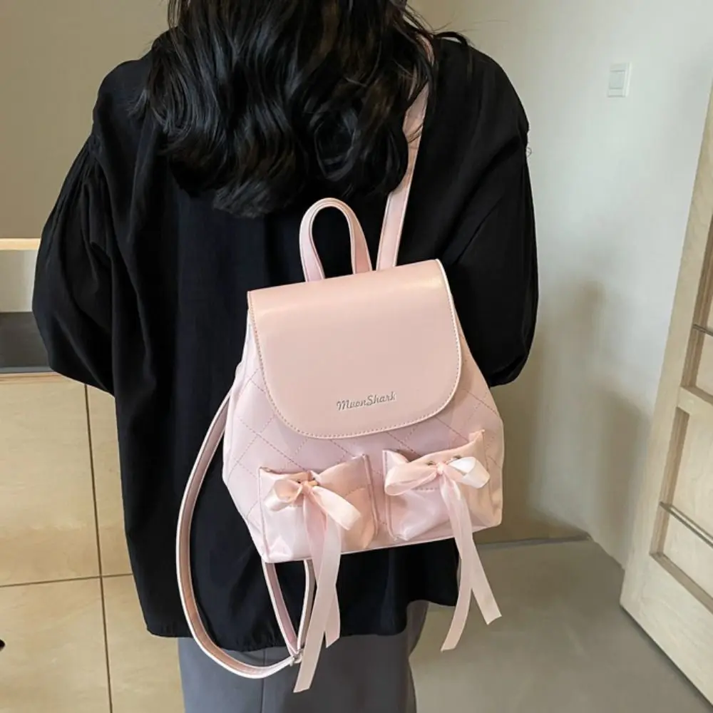 Korean Style Bowknot Backpack Ballet Style Large Capacity Nylon Drawstring Knapsack Double Bow Solid Color Y2k School Bag Women