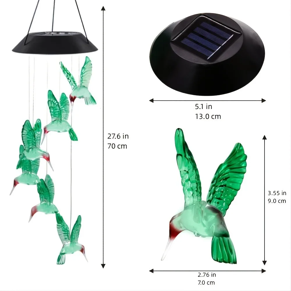 1PC Solar-Powered Hummingbird Wind Chimes - Color-Changing LED Light - Outdoor Garden Decor