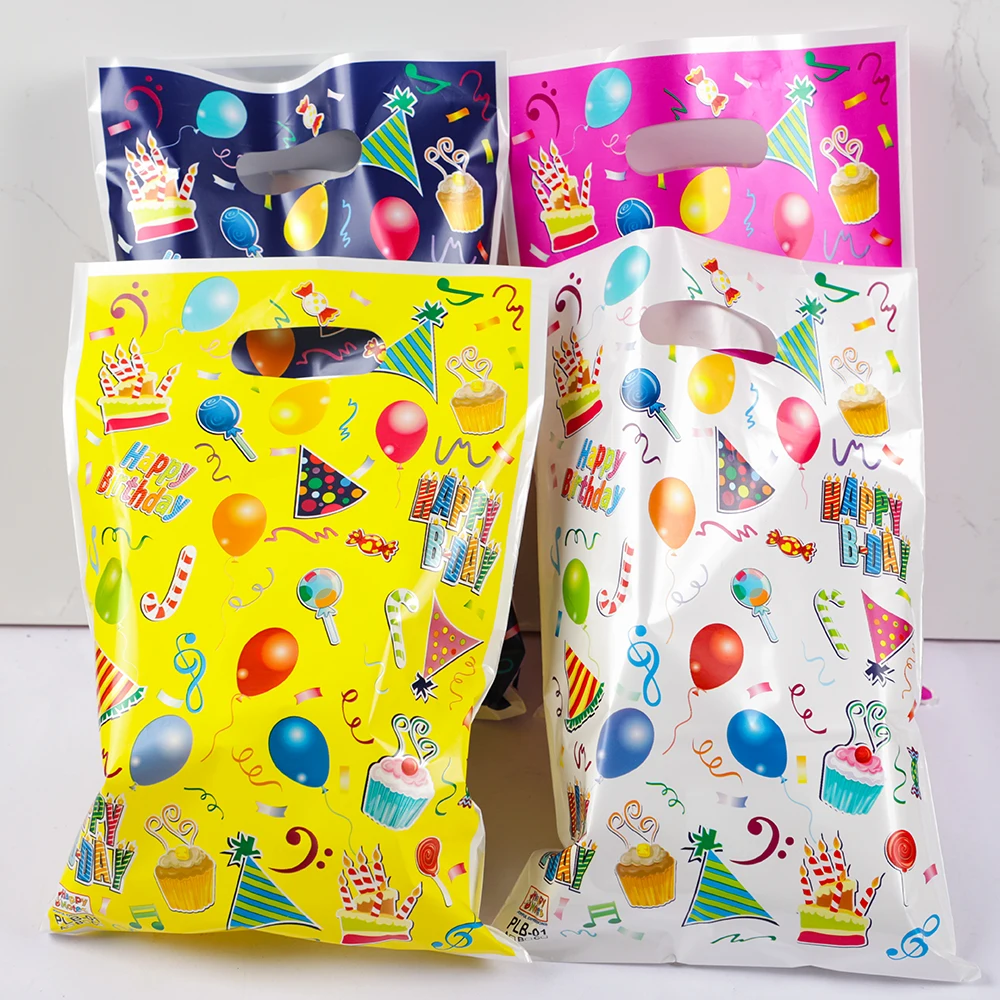 20Pcs Colorful Plastic Happy Birthday Gift Packaging Bag Candy Cookie Tote Bags for Kids Birthday Baby Shower Party Favor Bags