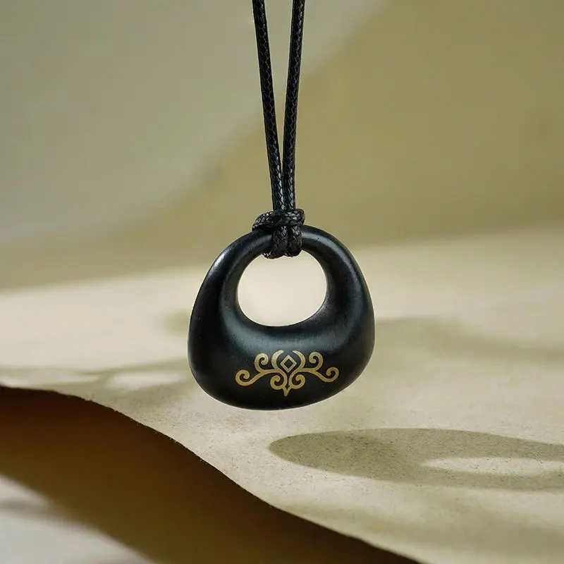 Chinese Style Lucky Blessing Attract Wealth Ebony Wood Inlaid Silver Gold Auspicious Pattern Peace Buckle Lock Pendant Necklace
