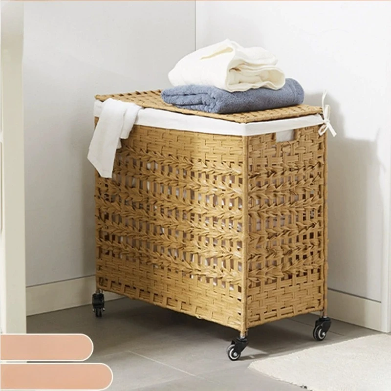 

Rattan Laundry Basket Hand-woven Foldable Laundry Storage Box with Cloth Lining Mobile Pulley Large Capacity Dirty Laundry Baske