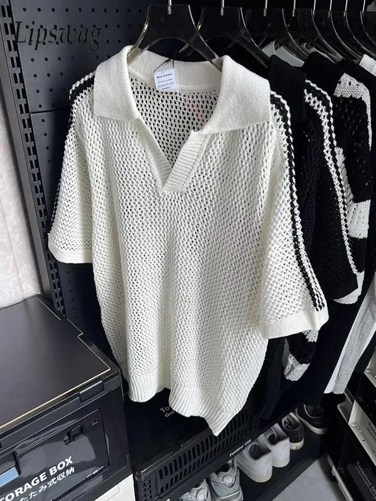 Vintage Hollow Out Knitted Polo Shirt Mens Fashion Striped Short Sleeve Lapel Mesh Tops Men 2025 Summer Casual Knitting Jumper