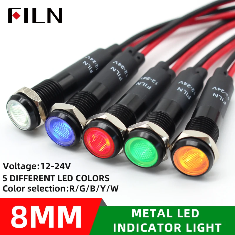 

FILN 8mm 12V 24V 110V 220V Black Metal LED Pilot Panel Dash Signal Indicator Warning light 20cm cable Black Finished Car Boat Ma