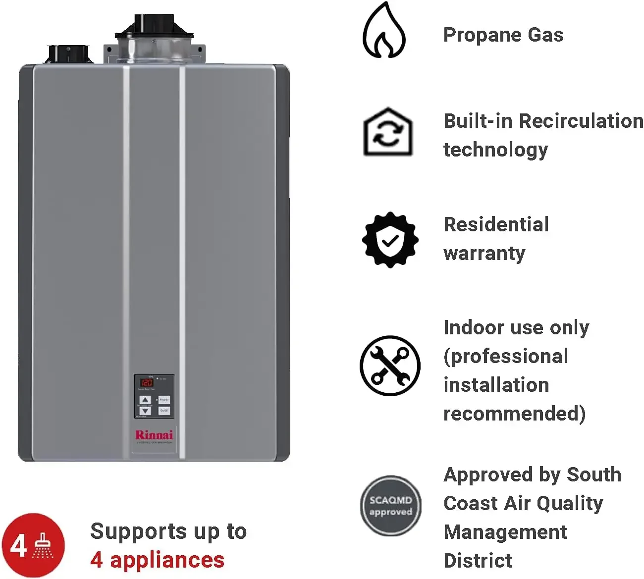 RX199iN Kondensierender Smart Sense Erdgas- oder Propan-Warmwasserbereiter, Durchlauferhitzer für den Innen- oder Außenbereich, bis