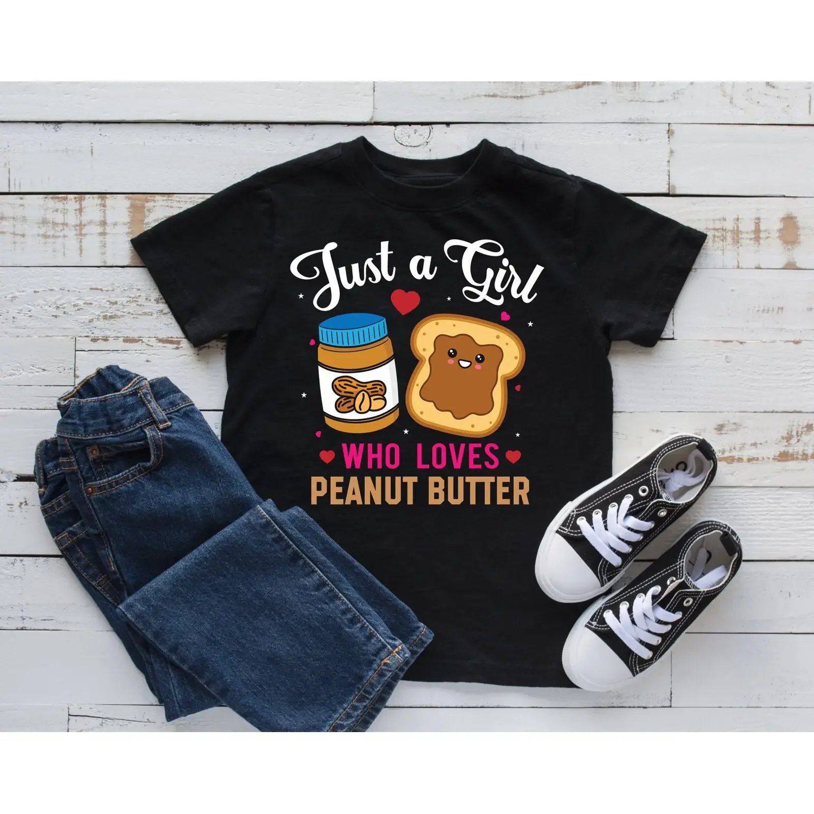 Just A Girl Who Loves Peanut Butter Cute Cartoon Girls T Shirt Casual Kids Lover Apparel  vintage Washed Soft Stretched