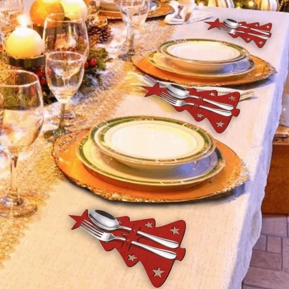 Tree or Reindeer Shape Christmas Cutlery Holders Cutlery Slot Flat Silhouette Christmas Utensil Pockets Red