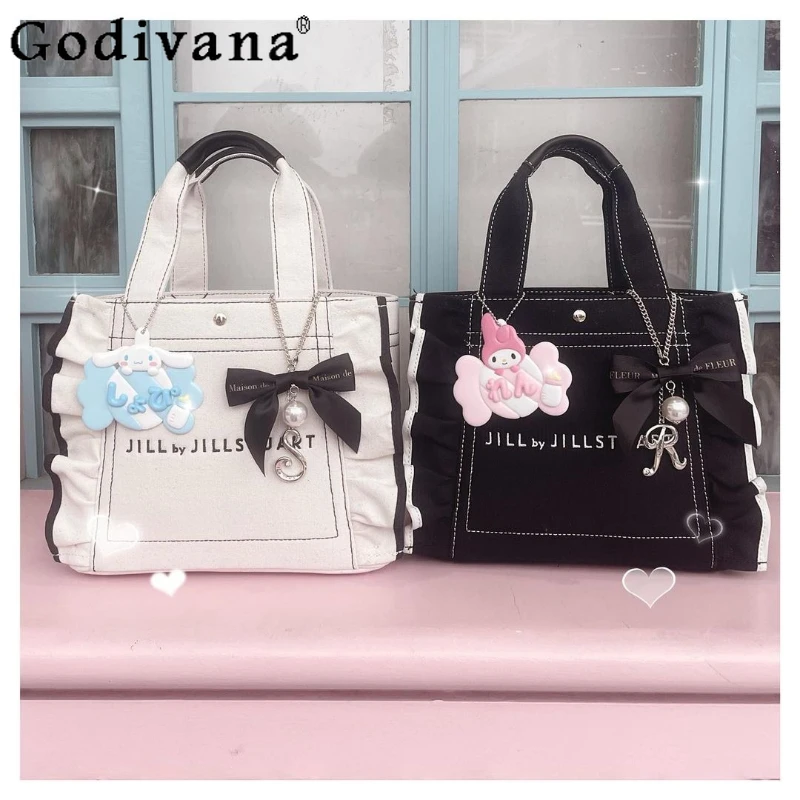 Japanese Style Ruffled Embroidered Handle Bags Letters Girls Multi Color Casual Handbag Women\'s Designer Cute Handbags