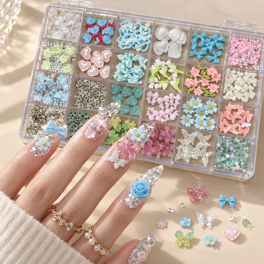24Grids Vintage Pastel Nail Embellishments Retro Rose Bow Pearl Heart Set for Retro Themed Party DIY Manicure Nail Art Decor