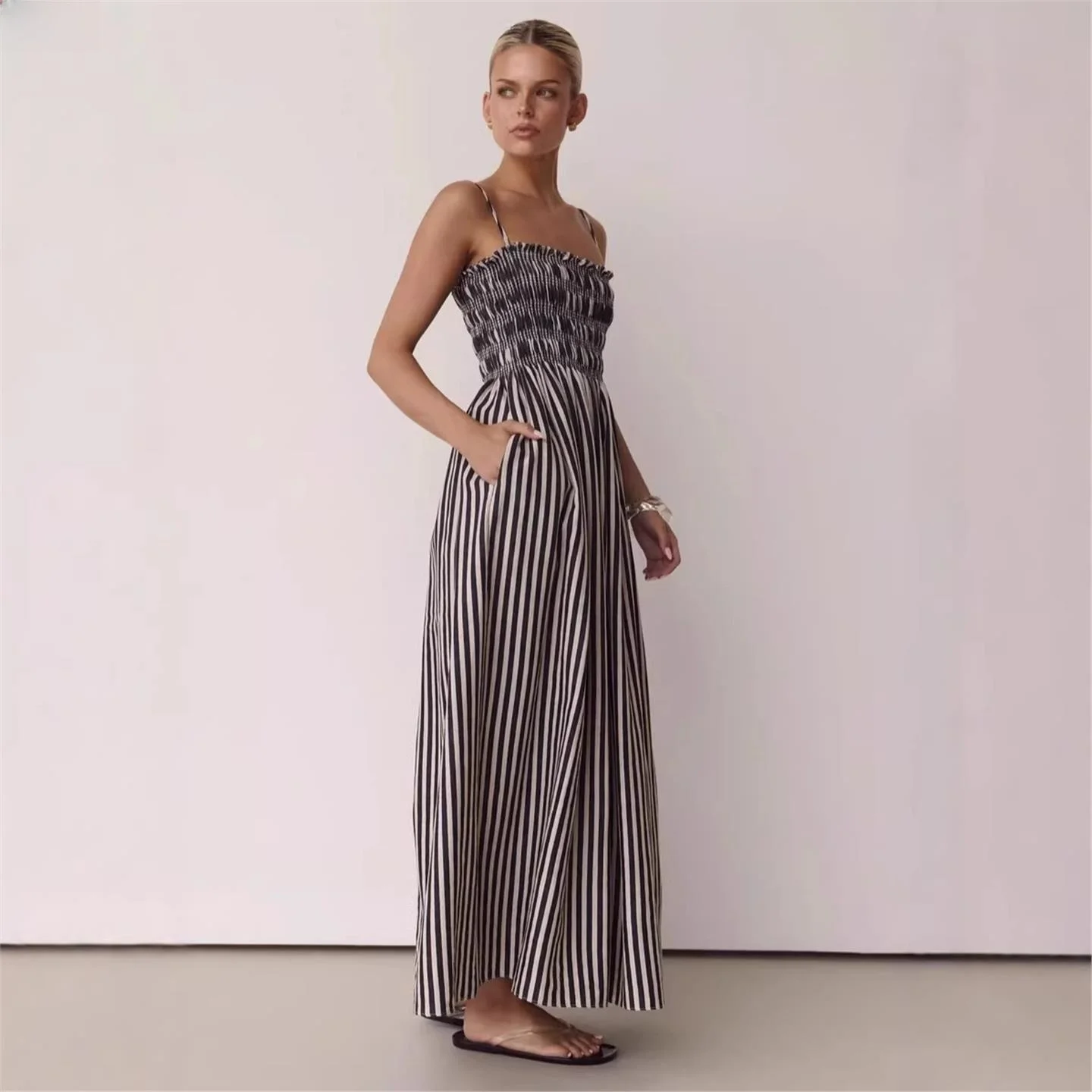 Summer Vacation Women's Dress LinJ2026 Striped Print Long Gown European Style Polyester Citywalk Regular Thickness Three-quar...