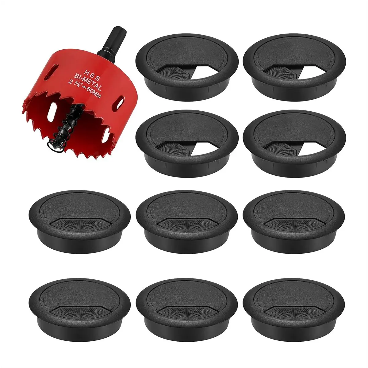 A56K 20-Pack Cable Grommet Desk, Cable Pass-Through, 60mm Plastic Cable Cover with 1 X Hole Saw, Black Cable Outlet Round