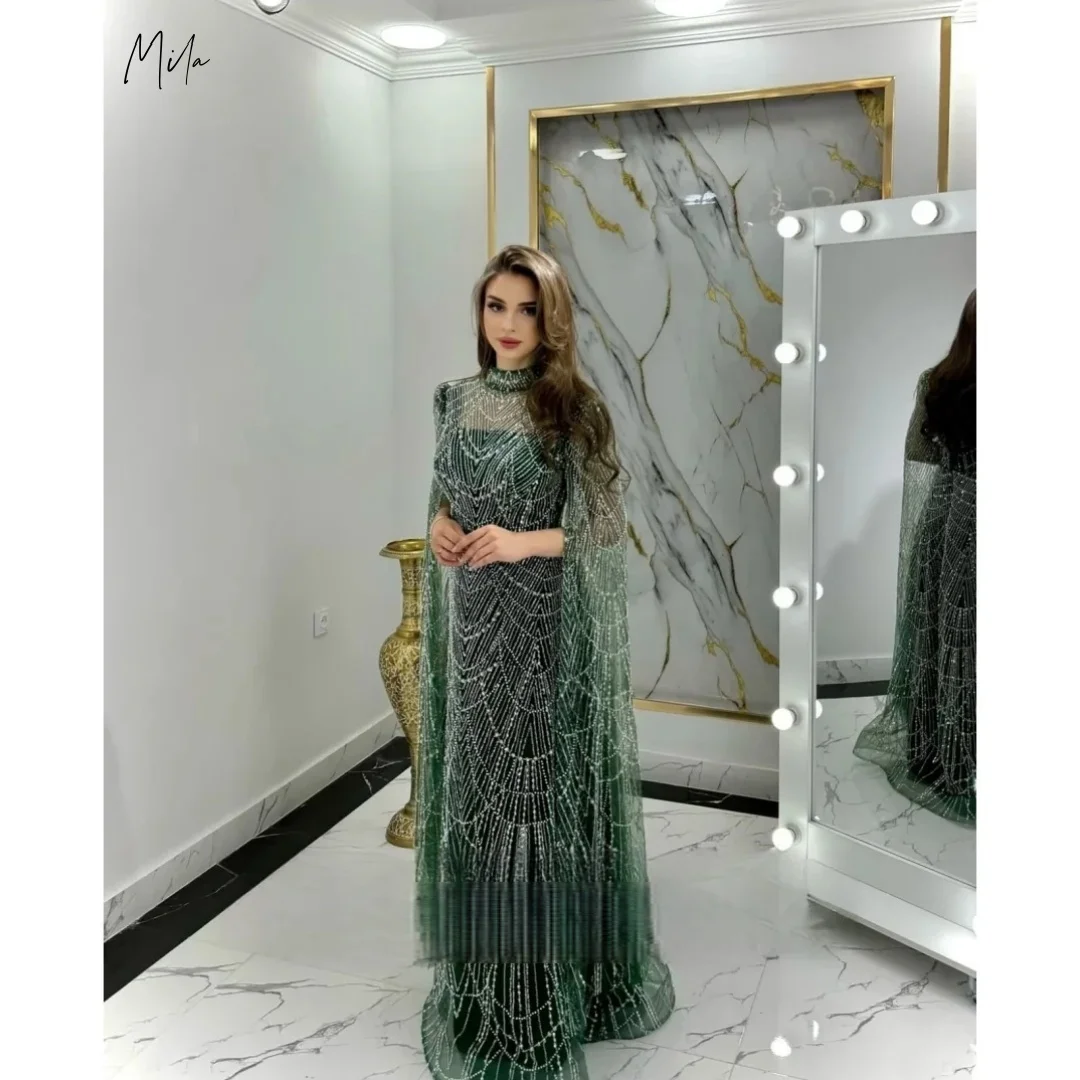 Mila Customized Dark Green Gradient High Neck Beaded Mesh robes de soirée Prom Dress Cape Mermaid Sequin Party Dresses 2025