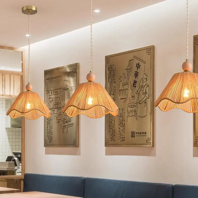 Wabi Sabi Hemp Rope Pendant Light Retro Straw Hat Chandelier for Bar Handwoven Dining Fixture Living Room Ambient Ceiling Lamp