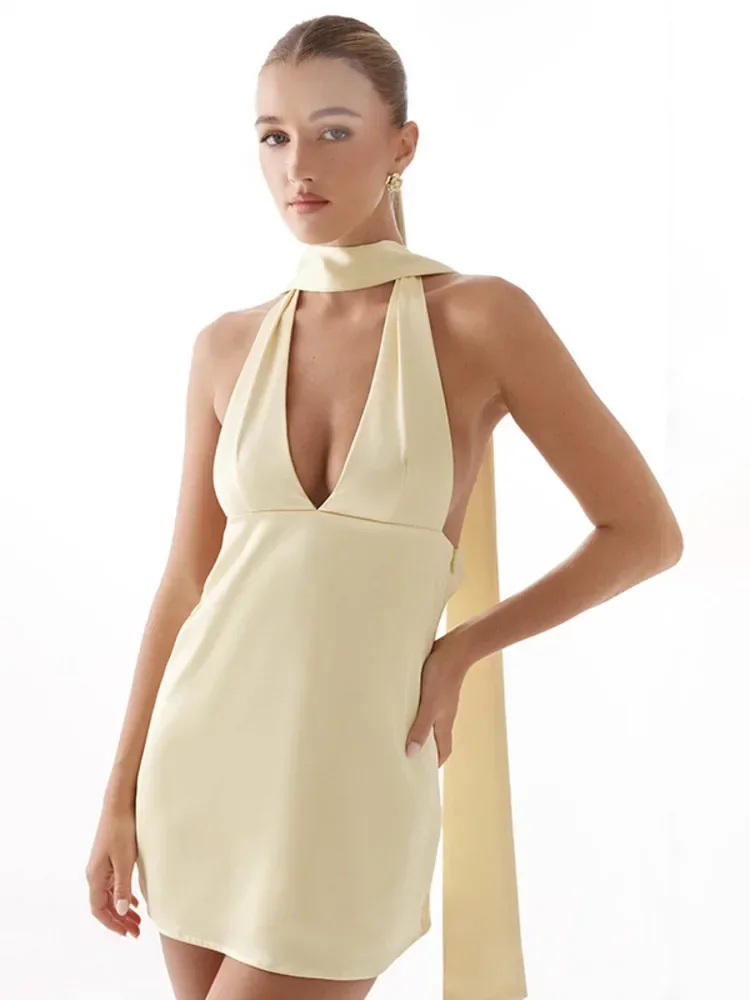 

Halter V Neck Backless Sexy Mini Dress Women Summer Fashion Solid Sleeveless A-line Beach Club Party Dress Elegant